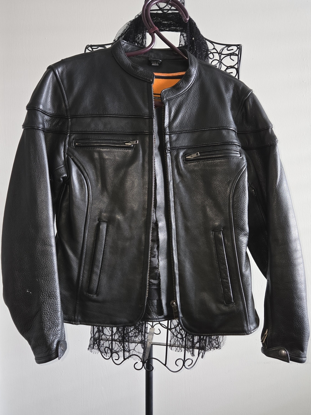 Womans Cowhide Biker Jacket with Orange Dual Zipper Lining